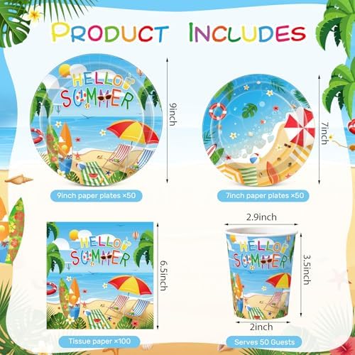 Pickmesh 250 Pcs Hello Summer Plates Napkins and Cups Beach Party Decorations Hawaiian Tropical Disposable Paper Tableware Set for 50 Guests Summery Ocean Pool Luau Birthday Party Supplies - Image 2
