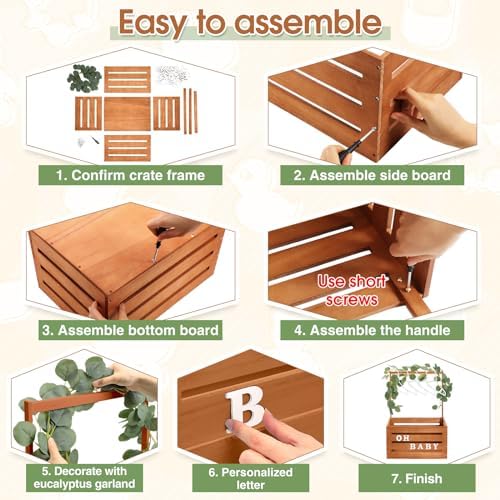 Barydat Wooden Baby Shower Crate Basket with Handle, Brown - Image 2