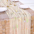 Beige White Floral Gauze Table Runner 10ft Embroidery Tulle Spring Decor by LuoluoHouse