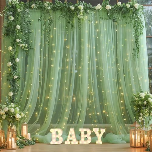 10×10ft Green Tulle Backdrop Curtain with Lights String for Parties, Sheer Photo Curtain Backdrop Drapes for Wedding Party Photography Backgrounds by WishCare