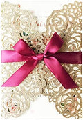50PCS 5.12 x 7.28'' Gold Wedding Invitations Cards with Burgundy Bowknot Laser Cut Hollow Rose Flowers Invitation for Bridal Shower Engagement Wedding Invite (Gold Glitter) by KUCHYNEE