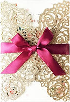 50PCS 5.12 x 7.28'' Gold Wedding Invitations Cards with Burgundy Bowknot Laser Cut Hollow Rose Flowers Invitation for Bridal Shower Engagement Wedding Invite (Gold Glitter) by KUCHYNEE