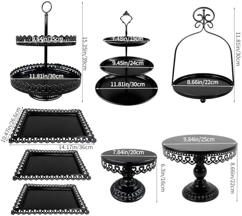 8 Pcs Cake Stands Set Metal Dessert Table Display Tiered Cupcake Holder Candy Donut Fruit Plate Cake Serving Tray with Handle Treats Serving Tower for Wedding Birthday Party Decorations (Black) - Image 3