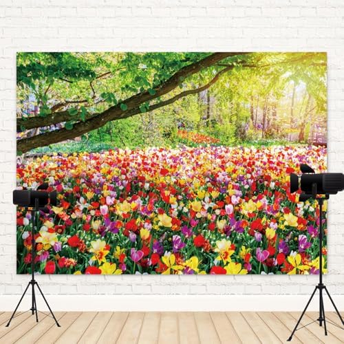 10x6.5ft Spring Backdrop Blooming Floral Photography Background Colorful Flowers Green Trees National Park Nature Scenery Wedding Banner Decorations Kids Birthday Portrait Photo Booth Prop - Image 4