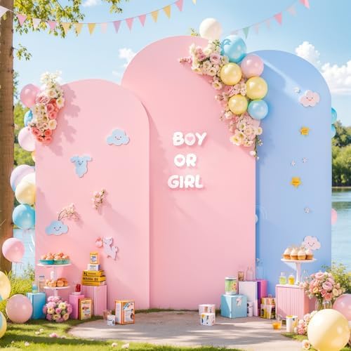 Pink and Blue Arch Backdrop Cover 7.2FT 6.6FT 6FT Arch Covers Stretchy Backdrop Set of 3, Gender Reveal Arch Cover Spandex Fitted Fabric Arch Covers for Boy or Girl Party Birthday Baby Shower Decor - Image 2
