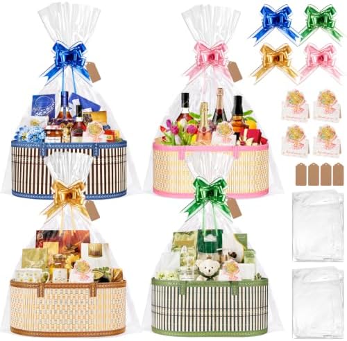 Dreamtop 4 Set Baskets for Gifts Empty, Woven Bamboo Gift Basket Empty Large with Handles, Sturdy Gift Basket Kit Empty to Fill for Christmas Birthday Baby Shower Wedding Gift (Colorful) by Dreamtop