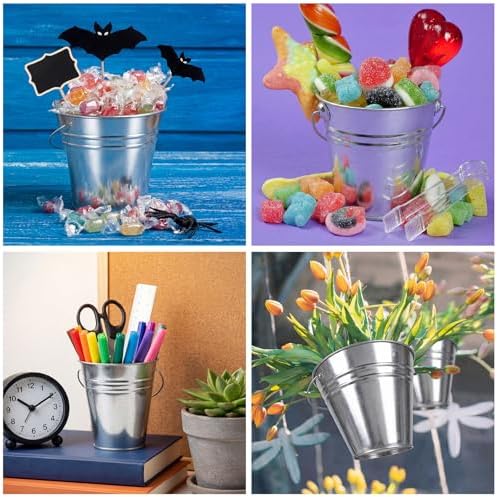 10 Pcs Galvanized Metal Buckets with Handle Include 5" Mini Candy Tin Bucket Plastic Scoops Serving Tongs Chalkboard Picks Markers Candy Bar Containers Birthday Party Wedding Buffet Supplies - Image 6