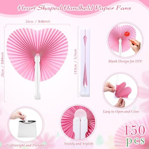 Unittype 150 Packs Heart Shaped Paper Fans for Wedding Guests,Baby Pink - Image 2