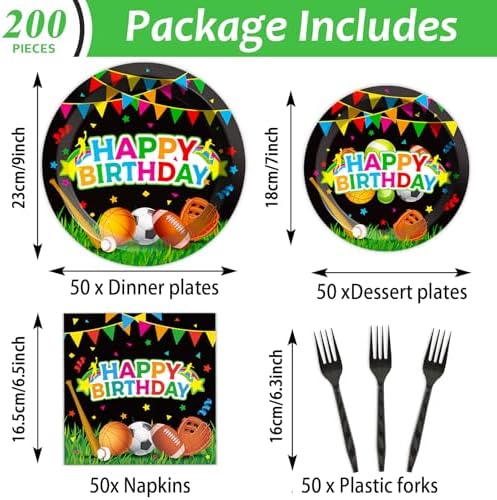 200 pcs Happy Birthday Party Plates and Napkins Kit Sports Themed Birthday Tableware Soccer Basketball Party Supplies For Baby Shower Sports Game Activities and Ball Fans Club celebrations Service 50 - Image 2