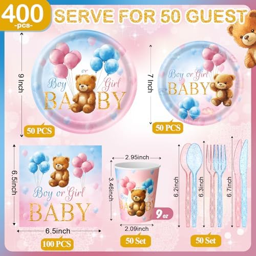 400 Pcs Bear Gender Reveal Party Supplies for 50 Guest, Blue Pink Baby - Image 2