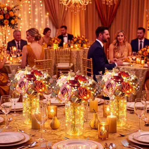 Domensi Set of 6 LED Lighted Floral Table Centerpieces, Faux Roses, Eucalyptus & Baby's Breath in Acrylic Vase, Glowing Rustic Wedding Decor for Bridal Shower & Dining Table (5 Colors) - Image 5