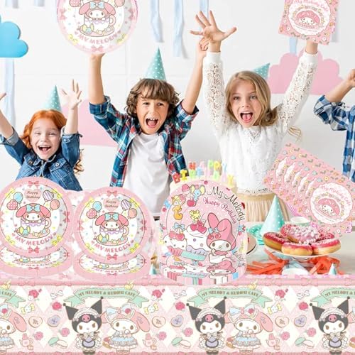 Meledy Birthday Party Supplies, Kawaii Cartoon Party Tableware with Happy Birthday Banner, Tablecloth, Disposable Paper Plates with Napkins for Fans Kids Party Decorations Serves 20 Guests - Image 5