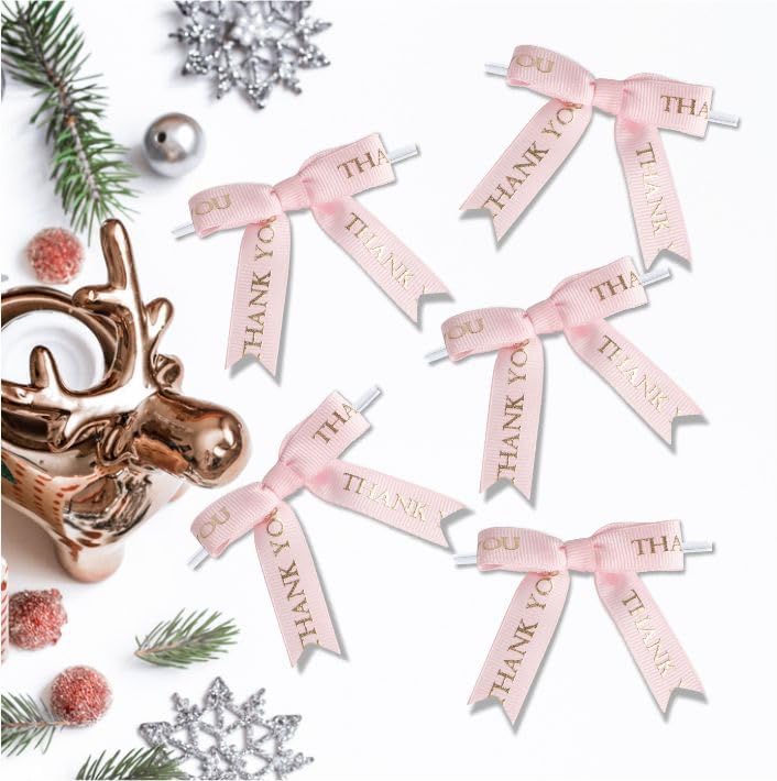 Meseey 30 Pcs Thank You Gold Printed Ribbon Bows 2.5 Inch Twist Tie Crafts Small Bows for Gift Wrapping, Baby Shower,Wedding, Party Favors, Cake Pops,Treat Bags (Pink, 2.5") (Pack of 4) - Image 4