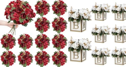 12 Bundles Peonies Artificial Flowers & Pack of 8 Baby Shower Centerpieces for Tables by SEKNHOP