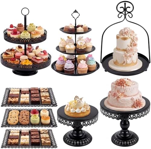 8 Pcs Cake Stands Set Metal Dessert Table Display Tiered Cupcake Holder Candy Donut Fruit Plate Cake Serving Tray with Handle Treats Serving Tower for Wedding Birthday Party Decorations (Black) by Lallisa