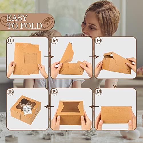 KPOSIYA 65PCS Bakery Boxes with Window 6x6x3 Inches 5 Style Cookie Boxes Small Pastry Boxes for Candy, Dessert, Pastry, Donuts, Birthday Party, Wedding(Brown) - Image 4