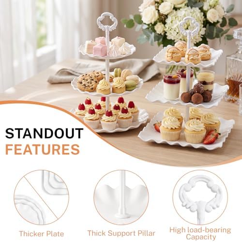 10 Pcs Dessert Table Display Set -Plastic Dessert Table Display Set,4 x Large 3-Tier Cupcake Stands/Cup Cake Tier Tower & 6 X Serving Tray Combo for Tea Party, Birthday, Baby - Image 4