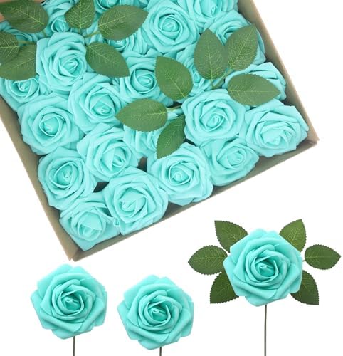 Artificial Flowers Realistic Roses, Real Looking Fake Roses with Stem for DIY Wedding Bouquets Centerpieces Bridal Shower Party Home Romantic Decorations (Turquoise, 100pcs) by BringmoreJoyinyourlife