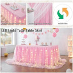 Pink Tulle Table Skirt for Baby Shower,9FT Pink Ruffle Tutu Table Skirt with LED Light for Princess Girls Birthday Party Cake Dessert Table Decorations - Image 2