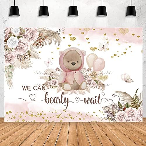 Boho We Can Bearly Wait Backdrop Girl's Baby Shower Party Background 10x8ft Pink Floral Bohemian Pampas Grass Bear Girls Baby Shower Photography Background Newborn Baby Portrait Photo Backdrop by OFILA