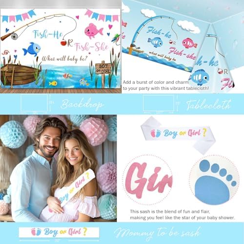 Fishing Gender Reveal Decorations, Baby Boy or Girl Gender Reveal Party Decor, Fish She or Fish He Backdrop Balloon Banner Tablecloth Box Sash for Gone Fishing Baby Shower Supplies - Image 4