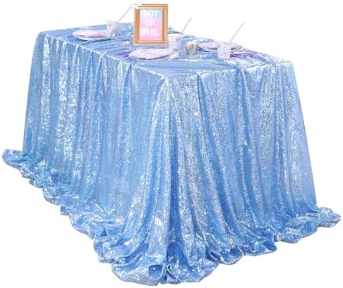 QueenDream Baby Blue Party Tablecloth Decoration: Rectangle Shimmer Mermaid Tablecloth 90x90 Inch Sequin Cloth Frozen Birthday Decorations - Image 4