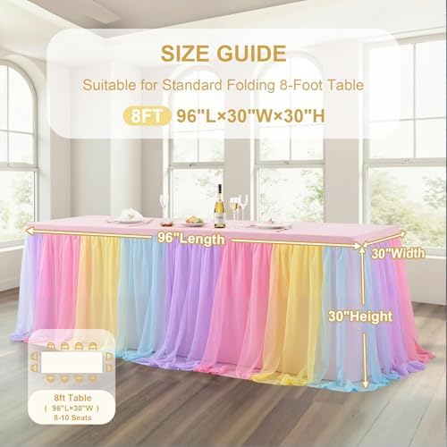 Wish Care 2 Pack Rainbow Tulle Tablecloth for 8 Foot Rectangle Tables Double Layer Tulle Tutu Skirt Unicorn Ruffle Pastel Table Cloth Stretch Fitted Table Covers for Girls Birthday Baby Shower Party - Image 7