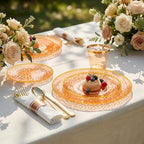 Rubtlamp 700Pcs Orange Gold Plastic Dinnerware Set, Hammered Clear Gold Plates, Fancy Plastic Plates Include 100 Dinner Platos, 100 Salad Platos, 100 Cups, 100 Pack Pre Rolled gold plastic Silverware - Image 5