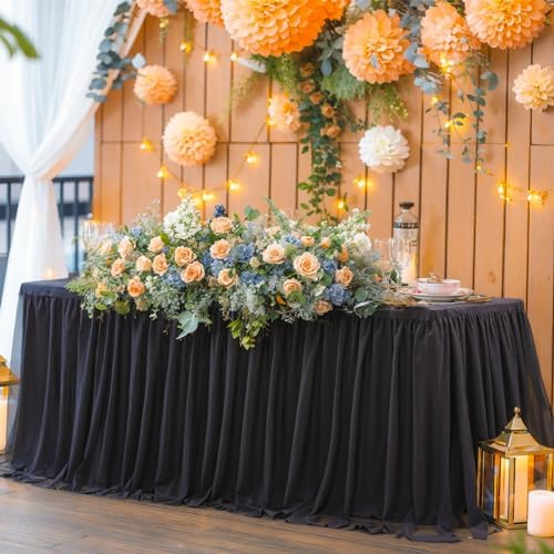 Black Table Cloth Rectangle 6ft, Black Tulle Table Skirt Table Cover 6 Foot Rectangle Table Desk Skirt Birthday Party Wedding Banquet Tablecloth Buffet Fabric Elastic Stretch Fitted Ruffle Tablecloth - Image 3