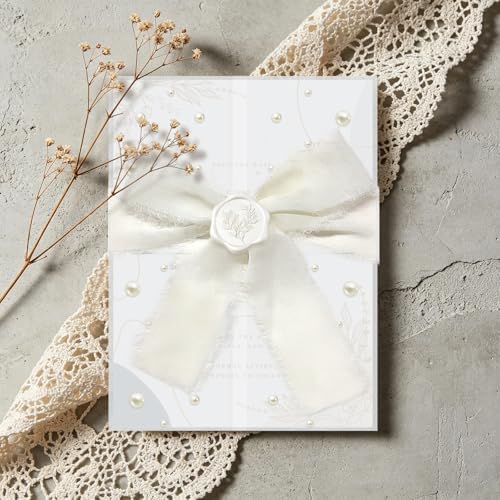 Wedding Invitation Kit, 50 Sets Pre-Folded Vellum Jackets for 5x7 Invites Ribbon Wax Seal Stickers Decorative Pearl Stickers for DIY Wedding Invitations Accessories - Image 7