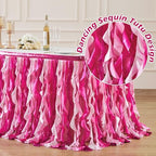 Wish Care 17ft Pink Sequin Table Skirt for Rectangle Tables Glitter Fringe Fuchsia Tutu Skirts Ruffle Tablecloth Teacher Desk Skirt for Classroom Princess Girls Birthday Baby Shower Party Table Decor - Image 3