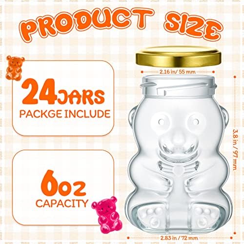 Patelai 24 Pack 6 oz Glass Bear Shaped Honey Jars with Lids Reusable Small Tilted Bear Glass Bottles Containers Dispenser for Candies, Birthday Wedding Party Favors(Classic,Gold) - Image 2
