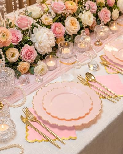 351 PcsPink Scalloped Plastic Plates Dinnerware Set for 50 Guests - Image 2