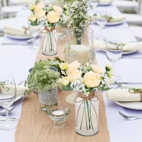 Zeyune 6 Sets Mason Jar Table Centerpiece with Artificial Peony Baby's Breath Flower Centerpieces Faux Flowers with Rope for Wedding Reception Engagement Bridal Shower Rustic Table Decor(Champagne) - Image 6
