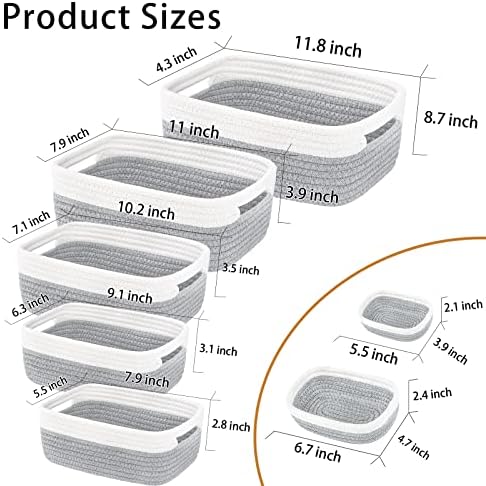 7 Piece Cotton Rope Woven Basket Set - Small Basket for Baby Nursery, Pets, Montessori, Dog & Cat Toy Boxes, Bathroom Organization Bins (White/Gray) - Image 2