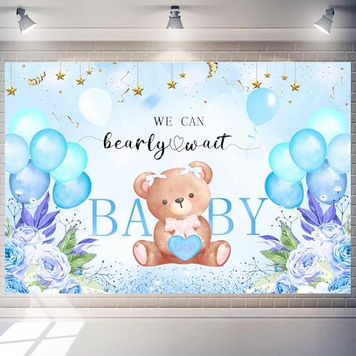We Can Bearly Wait Backdrop 10 x 8 ft Blue Boho Baby Shower Background by Unknown