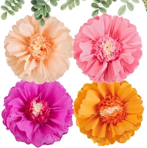 SUNBEAUTY 20inch Giant Hot Pink Orange Tissue Paper Flowers - 4 PCS Large Crepe Tissue Fiesta Flowers Spring Summer DIY Craft for Birthday Wedding Backdrop Bridal Baby Shower Nursery Wall Decorations - Image 5