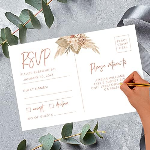 Andaz Press 56-Pack Personalized RSVP Postcards for Wedding Boho Dried Palm Leaves Cardstock Response Reply Cards for Bridal Shower Baby Shower Birthday Event Custom Date and Return Address 4 x 6-Inch - Image 2