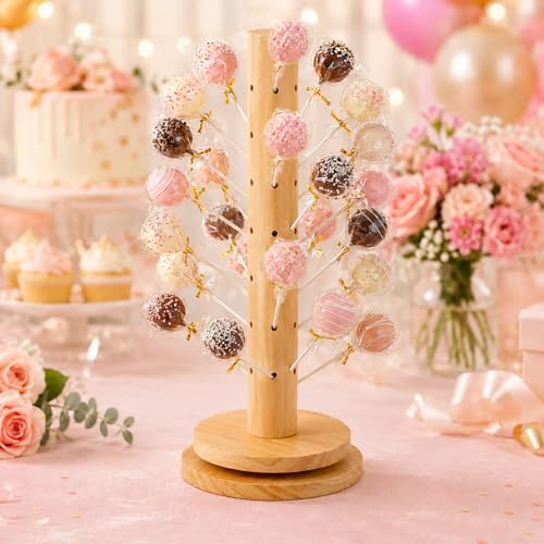 2Pack Wooden Cake Pop Stand Kit with 360° Spinning Base, 49Hole Lollipop Holder with Cake Ball Scoop, 100 Paper Sticks, 100 Clear Treat Bags and 100 Twist Ties, Easy Twist Assembly for Parties - Image 6