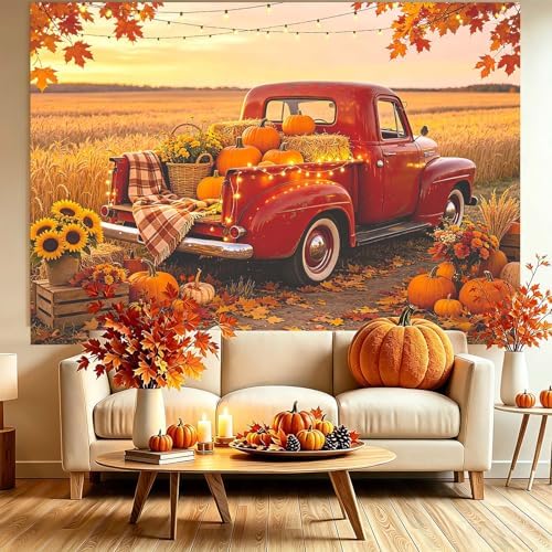 Fall Harvest Backdrop 10x8FT, Autumn Farm with Red Truck Photo Background - Image 3