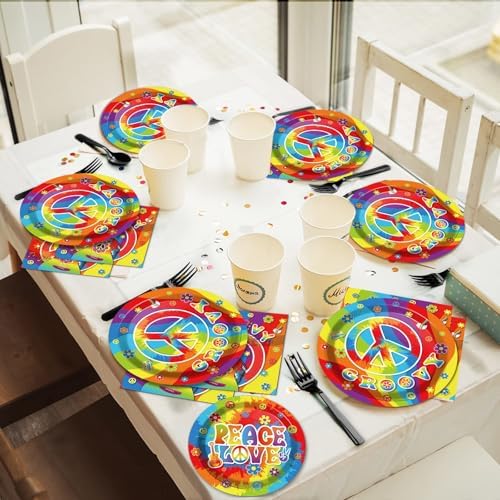 200pcs 60's Hippie Party Plates Napkins Groovy Paper Tableware Set Tie Dye Cake Dessert Disposable Dinnerware 60s 70s Hippie Party Decoration for Baby Shower Birthday Decor Supplies Serves 50 - Image 5