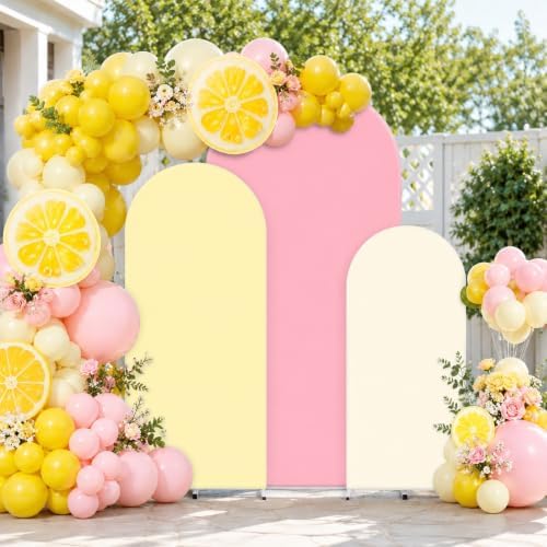FYSUIMU 3 Pcs Pink Yellow Arch Backdrop Covers Pastel Stretchy Spandex Arch Stand Fabric Cover for Summer Lemon Wedding Birthday Baby Bridal Shower Party Decoration (4ft/5ft/6ft) - Image 4