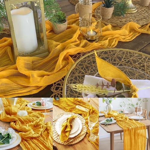 12 Pack Mustard 10FT Cheesecloth Table Runner Rustic Gauze Fabric Cheese Cloth Table Runner for Wedding Bridal Baby Shower Table Decor Boho Sheer Birthday Party Table Decorations 20 x 120 Inch Long - Image 6