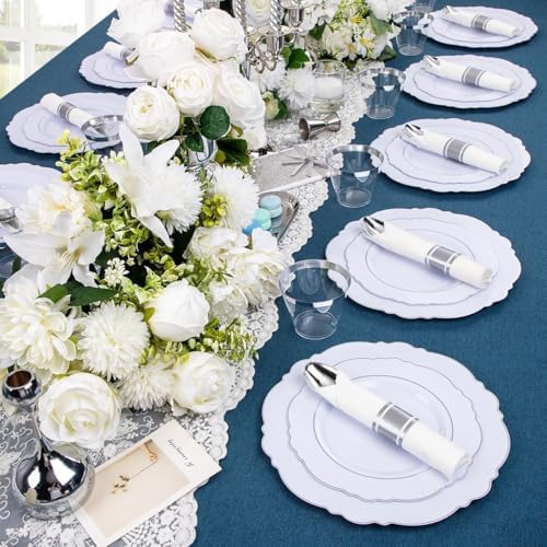 Liacere 350PCS Silver Plastic Plates-Disposable White and Silver Plates 50guest Baroque Plastic Dinnerware Set include 100Plates, 50Pack Pre Rolled Napkins with Silverware 50Cups Perfect for Wedding - Image 3