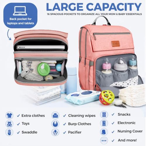 PILLANI Baby Diaper Bag Backpack - Diaper Bags for Baby Girl - Baby Shower Gifts for Girls - Large Waterproof Diaper Backpack - Pink Diaper Bag & Cute Baby Bags for Girls w/Portable Changing Pad, Pink - Image 2