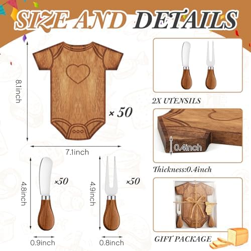 Ziliny 50 Set Baby Shower Gifts for Guests Clothing Mini Charcuterie Board with Knives Forks Gift Boxes Shaped Cheese Board Party Favors Baby Shower Game Prizes Gender Reveal Favors (Acacia) - Image 2
