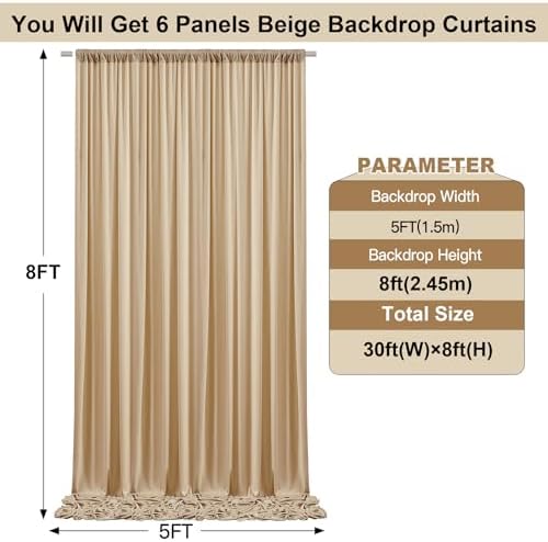 30ft x 8ft Wrinkle Free Beige Backdrop Curtains for Parties Weddings, 6 Panels 5×8ft Soft Silk Polyester Photo Backdrop Drapes for Birthday Baby Shower Baptism Photo Photography Background Cloth - Image 2
