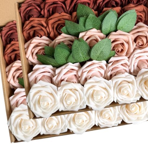 50pcs Burnt Orange Brown Foam Fake Roses with Stems Fall Terracotta Beige Artificial Flowers Real Looking Wedding Bouquets Bridal Shower Centerpieces Rustic Arrangements Party Tables Decor Bulk by LCiclly
