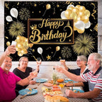 Black and Gold Happy Birthday Party Decoration Backdrop - 10x8ft Golden Balloons Glitter Birthday Backdrop for Women Men Photo Background Banner Extra Large Wall Decor - Image 2