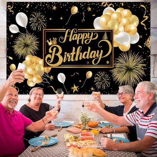 Black and Gold Happy Birthday Party Decoration Backdrop - 10x8ft Golden Balloons Glitter Birthday Backdrop for Women Men Photo Background Banner Extra Large Wall Decor - Image 2